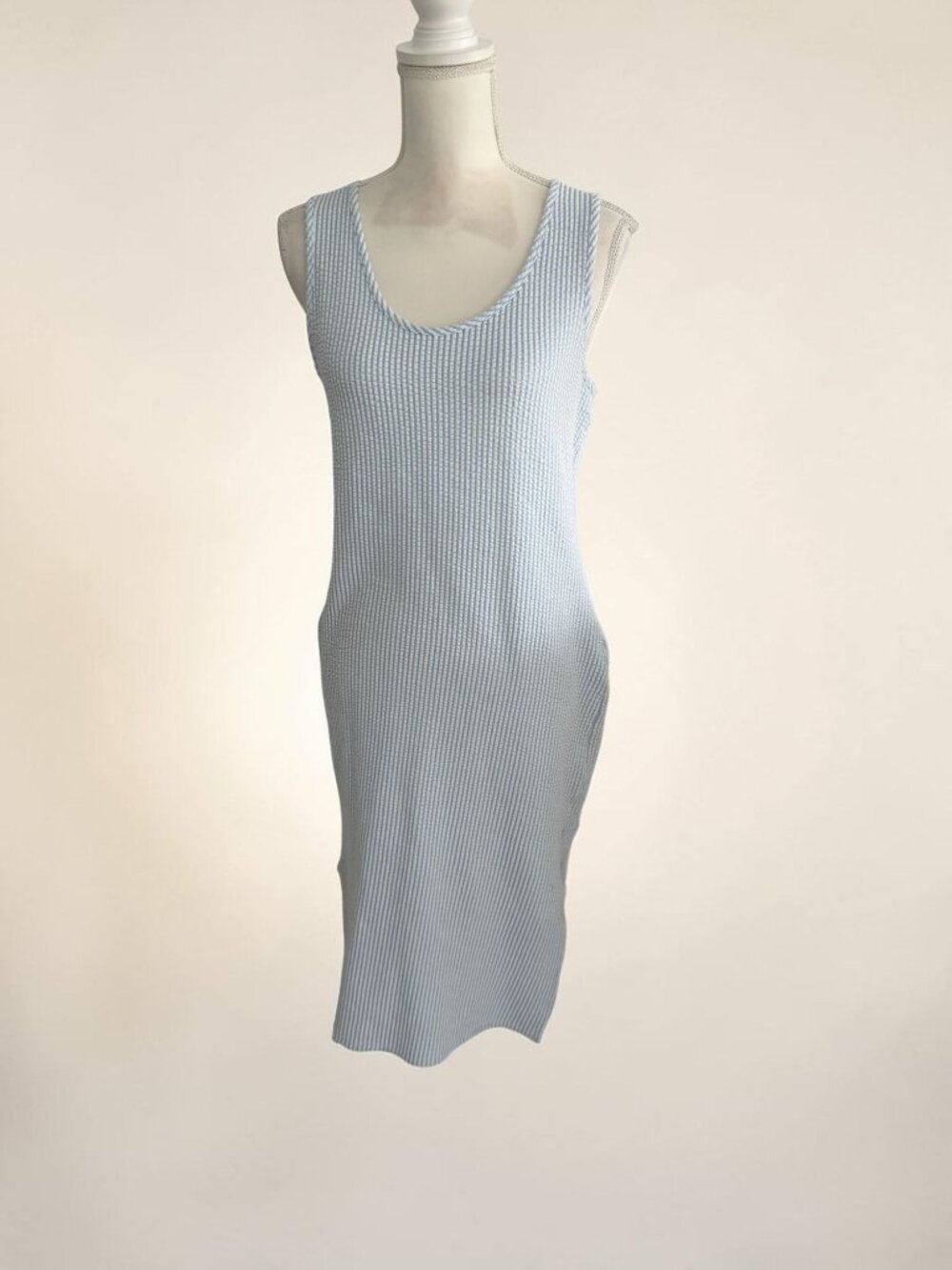 GREEN ENVELOPE Blue White Striped Seersucker Midi Dress Size Medium